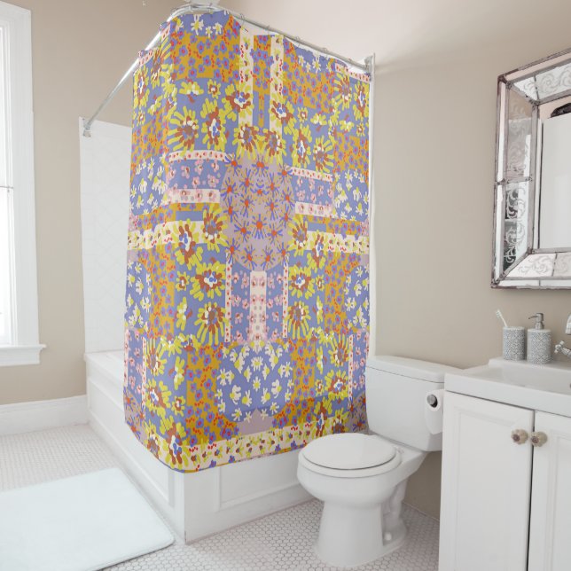 Modern Patchwork Daisy Flowers on Periwinkle Shower Curtain (In Situ)