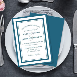 Modern Patina Blue & White Border Simple Wedding Invitation