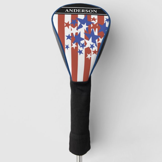 Modern Patriotic American Flag Add Name Golf Head Cover (Front)