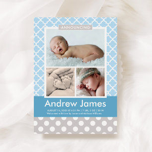 Modern Pattern Baby Boy Photo Blue Grey Birth Announcement