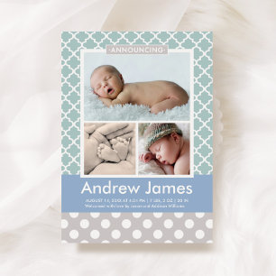 Modern Pattern Baby Boy Photo Green Grey Birth Announcement