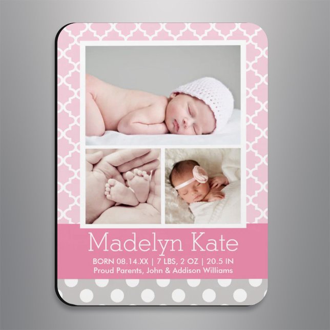 Modern Pattern Baby Girl Pink Gray Photo Birth Magnet (Creator Uploaded)