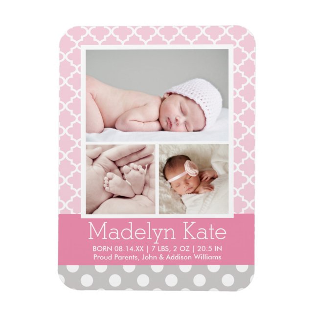 Modern Pattern Baby Girl Pink Gray Photo Birth Magnet (Vertical)