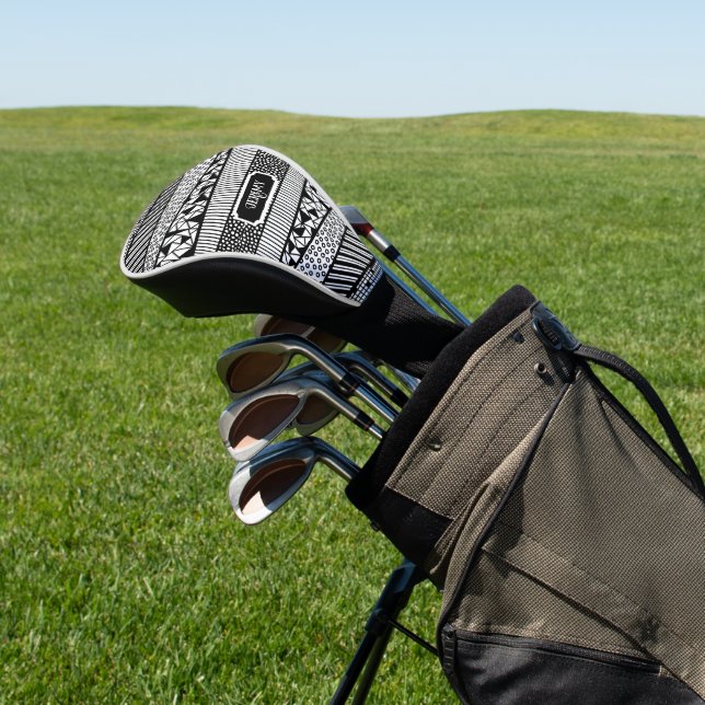 Modern pattern in black and white, personalizable  golf head cover (In Situ)