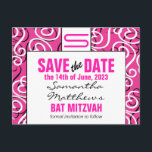 Modern Pattern Monogram Bat Mitzvah Save the Date Announcement Postcard<br><div class="desc">Modern styling with vibrant pink,  black and white featuring your initial at the top.  Just personalise with your details for a trendy and stylish announcement.</div>