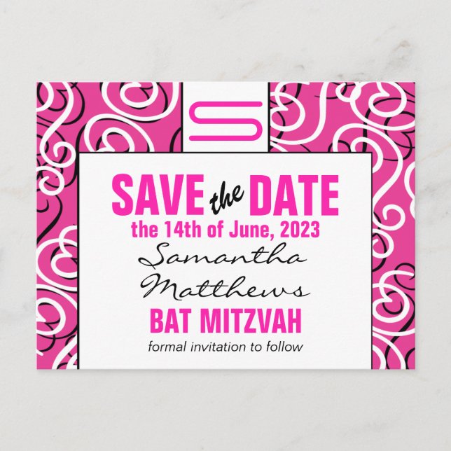 Modern Pattern Monogram Bat Mitzvah Save the Date Announcement Postcard (Front)
