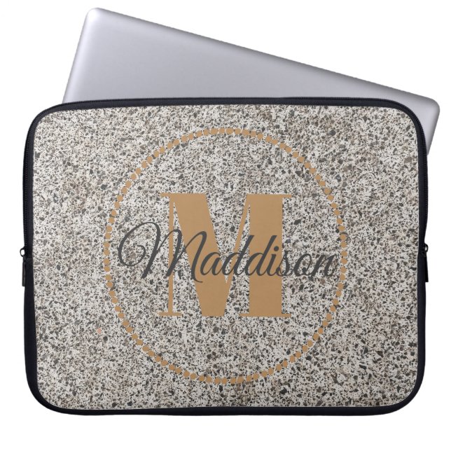 Modern Pattern Monogram Your Name Concrete Gold Laptop Sleeve (Front)