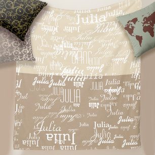 modern pattern of names on beige & taupe fleece blanket