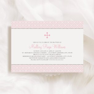 Modern Pattern Pink Cross Baby Girl Baptism Invitation