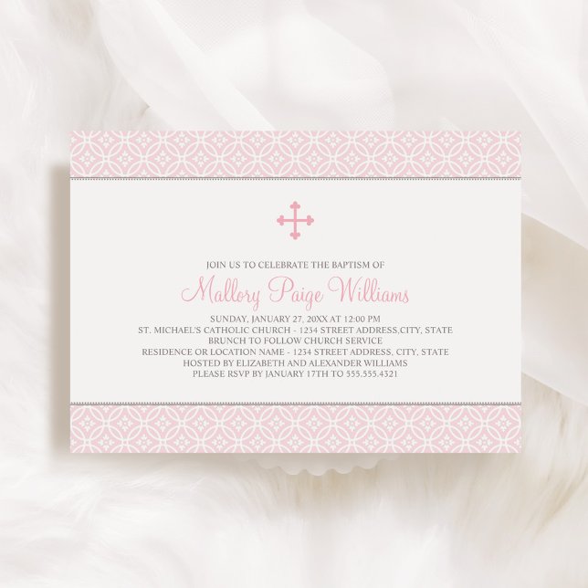 Modern Pattern Pink Cross Baby Girl Baptism Invitation (Creator Uploaded)