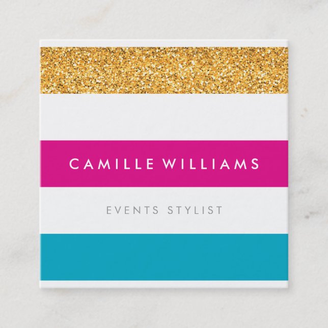 MODERN PATTERN stripe bright colourful gold glitte Square Business Card (Front)