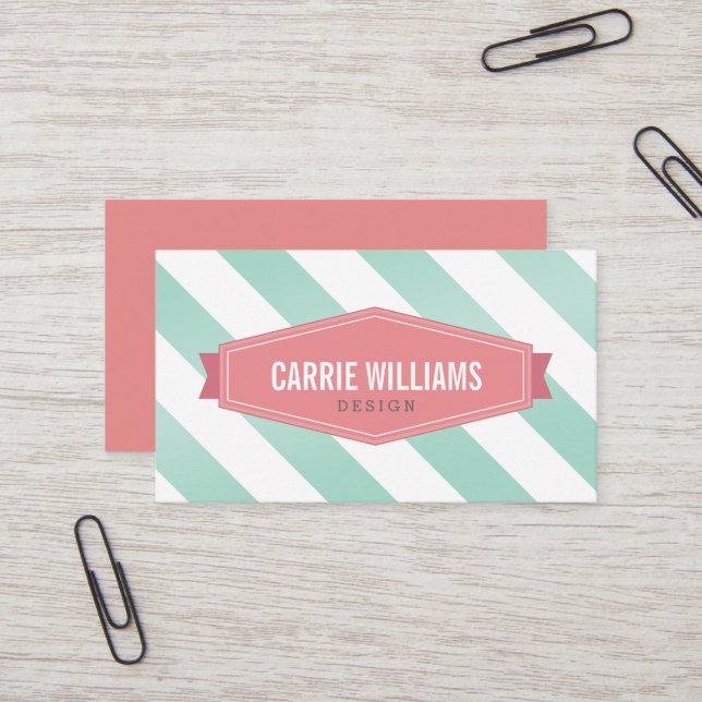 MODERN PATTERN striped coral retro logo mint Business Card (Front/Back In Situ)