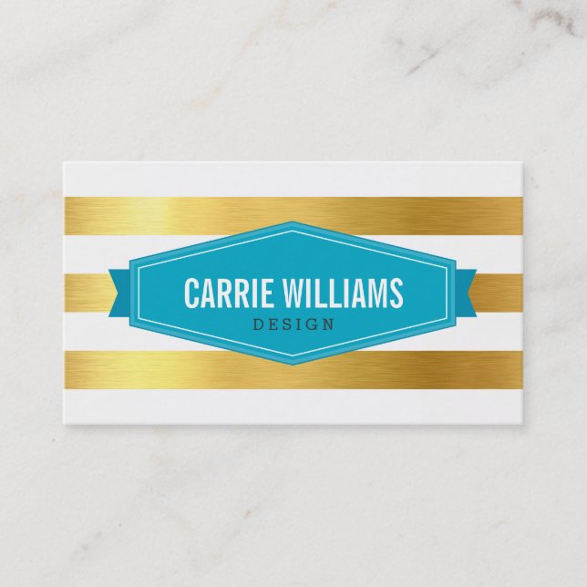 MODERN PATTERN striped turquoise logo gold foil Business Card (Front)