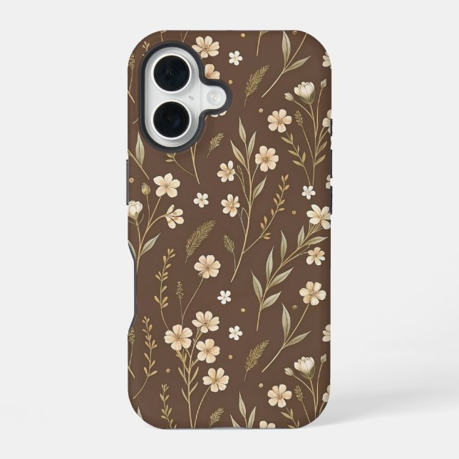 Modern Pattern Wildflowers Brown Background iPhone 16 Case (Back)