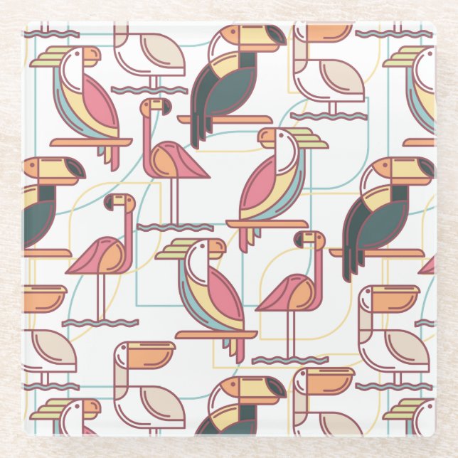 Modern Pattern With Tropical Birds Glass Coaster (Front)