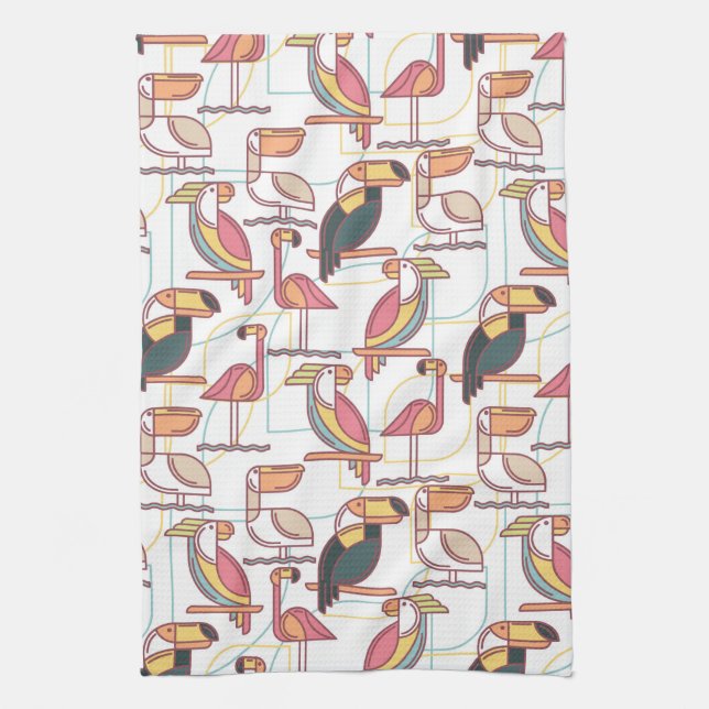 Modern Pattern With Tropical Birds Tea Towel (Vertical)