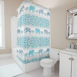 Modern Patterned Elephants Geometric Triangle Blue Shower Curtain