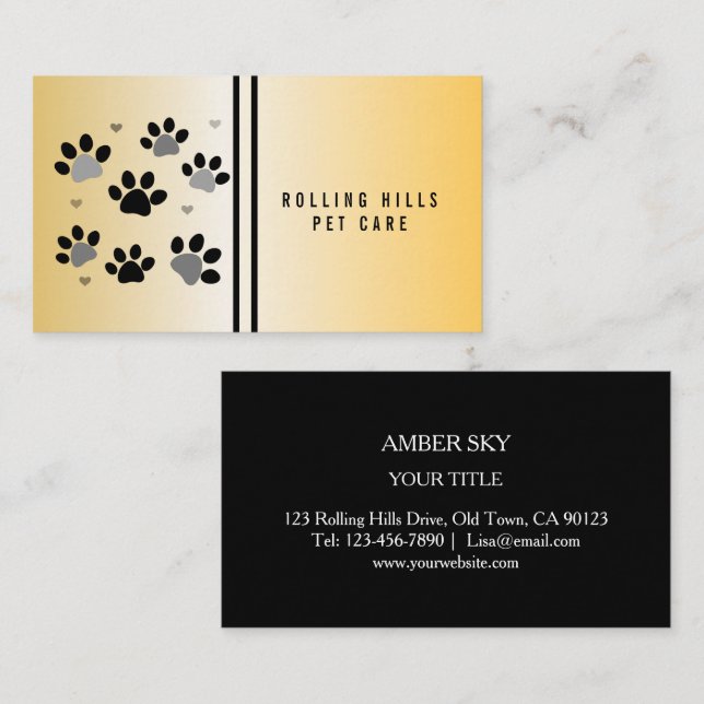 Modern Paw Black and Gold Pet Care Business Card (Front/Back)