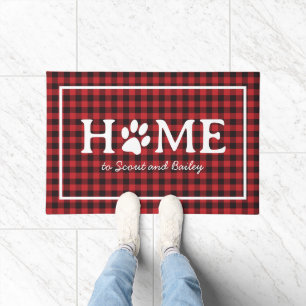 Modern Paw Print Home Pet Dog Cat Names Plaid Doormat
