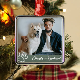 Modern Paw Print One Sided Dog Pet Photo Green Metal Tree Decoration