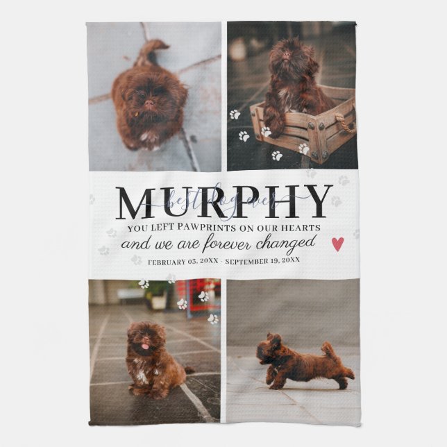 Modern Paw Prints Personalised Pet Memorial Photo Tea Towel (Vertical)