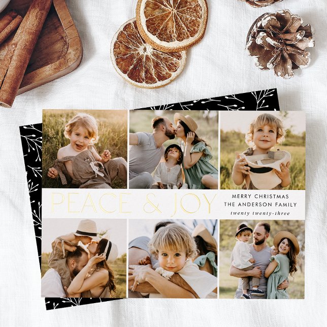 Modern Peace and Joy 6 Photo Black and Gold Foil Holiday Card (Creator Uploaded)