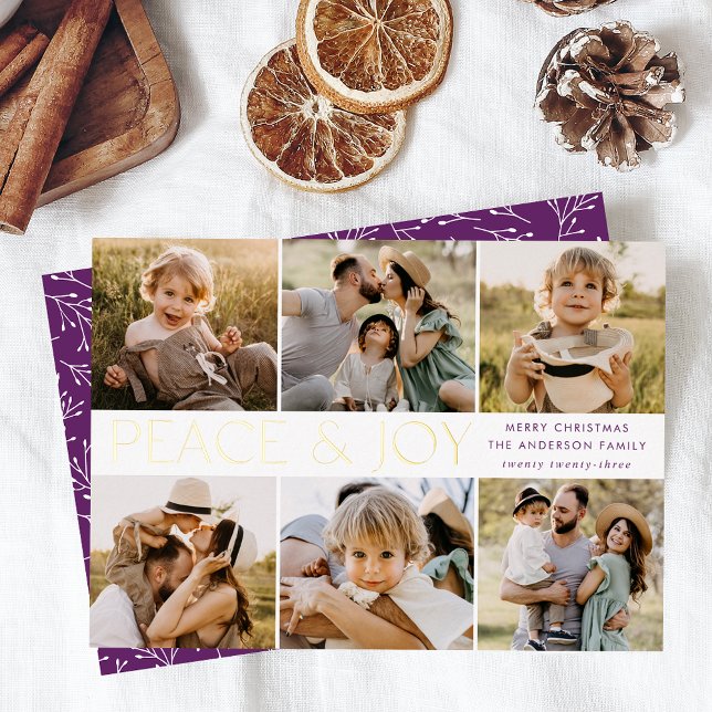 Modern Peace and Joy 6 Photo Purple and Gold Foil Holiday Card (Creator Uploaded)