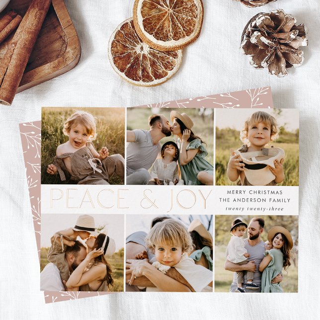 Modern Peace and Joy 6 Photo Rose Gold Foil Holiday Card (Creator Uploaded)