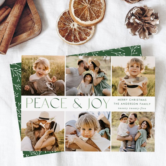 Modern Peace and Joy Green 6 Photo Collage Holiday Card (Creator Uploaded)