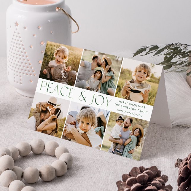 Modern Peace and Joy Green 7 Photo Collage Holiday Card (Creator Uploaded)