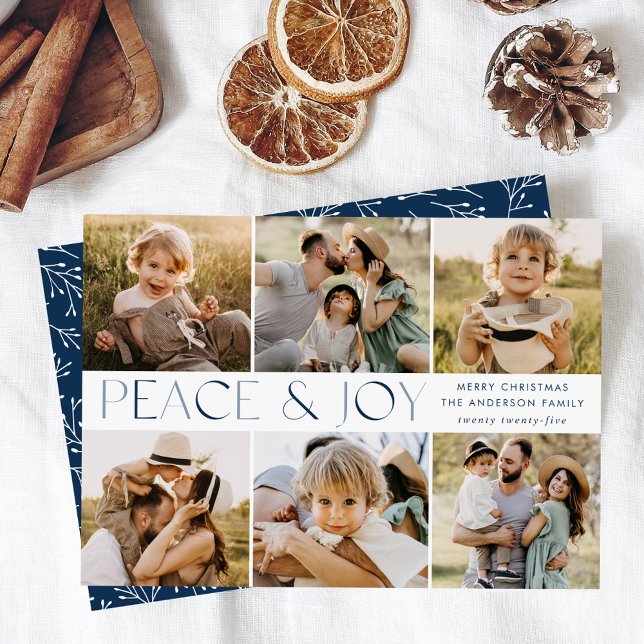 Modern Peace and Joy Navy 6 Photo Collage Holiday Card (Creator Uploaded)