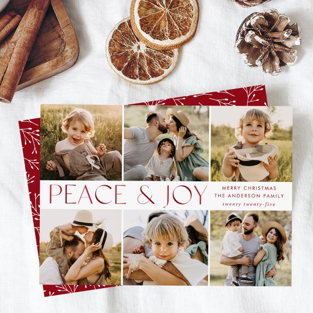 Modern Peace and Joy Red 6 Photo Collage Holiday Card (Creator Uploaded)