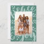 Modern Peace and Joy Stylish Christmas Mint Photo Holiday Card<br><div class="desc">Fun,  modern holiday cards,  featuring creatively placed text,  laurel branches,  and snow dots in shades of mint and green.  The text design reads,  "peace & joy."  The back of the card contains simple,  modern stripes in white and green.</div>