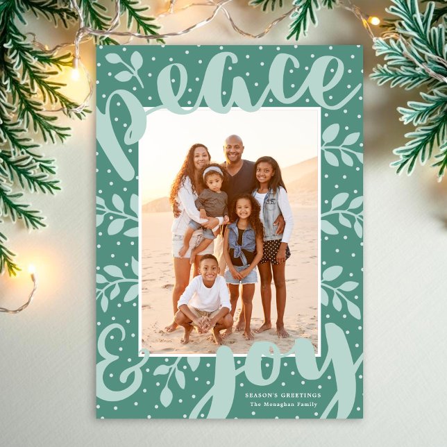 Modern Peace and Joy Stylish Christmas Mint Photo Holiday Card (Creator Uploaded)