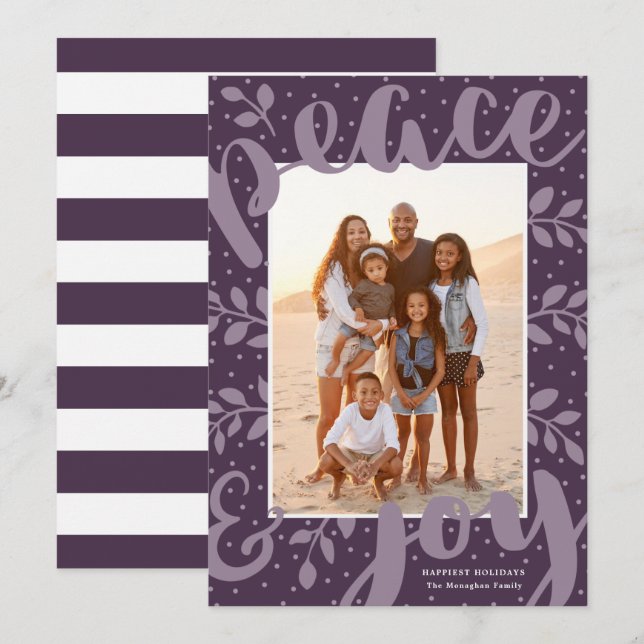 Modern Peace and Joy Stylish Christmas Plum Photo Holiday Card (Front/Back)
