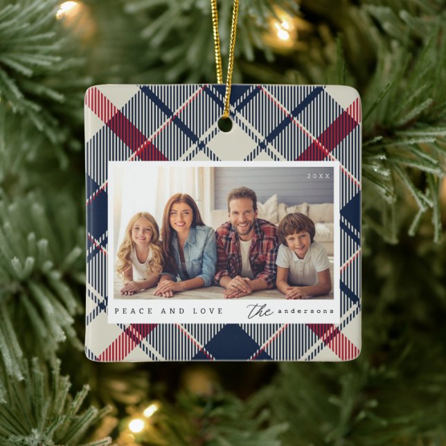 Modern Peace and Love Christmas Family Photo Ceramic Ornament (Tree)