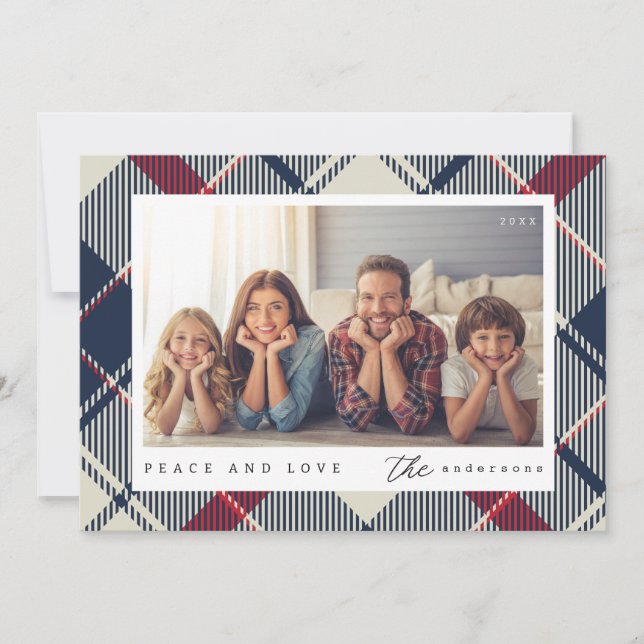 Modern Peace and Love Christmas Family Photo Holiday Card (Front)