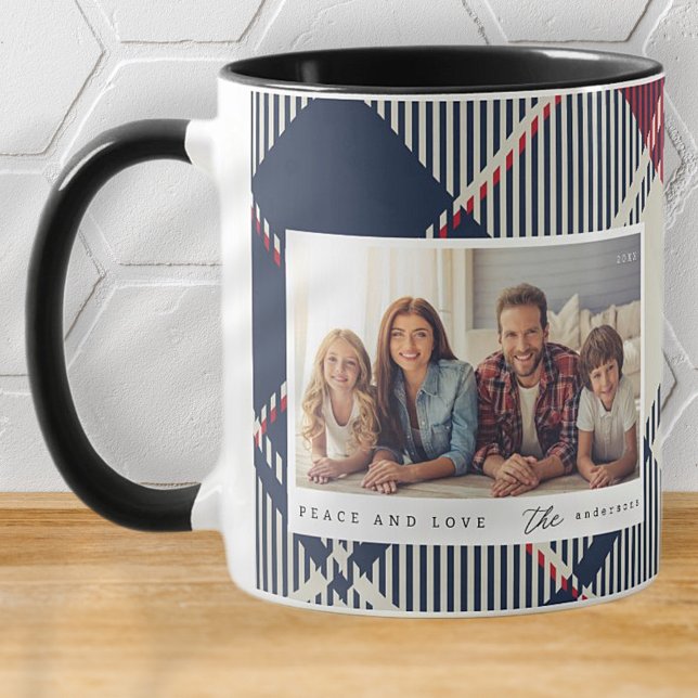 Modern Peace and Love Christmas Family Photo Mug (Creator Uploaded)