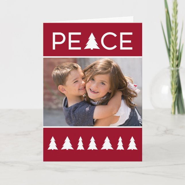 Modern Peace Burgundy White Trees with Your Photo Holiday Card (Front)