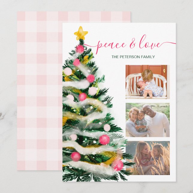 Modern peace Christmas tree watercolor 3 photos Card (Front/Back)