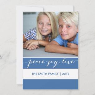 Modern Peace, Joy, Love Holiday Photo Card Blue