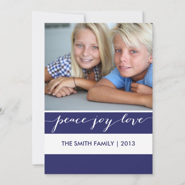 Modern Peace, Joy, Love Holiday Photo Card | Blue (Front)