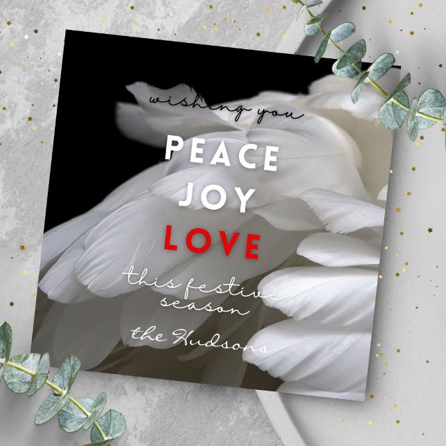 Modern Peace Joy Love White Feathers Christmas  Holiday Card (Creator Uploaded)
