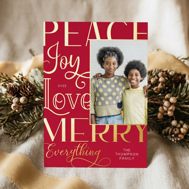 Modern Peace Joy Merry Everything Family Photo Foil Holiday Card (Modern Peace Joy Merry Everything Family Photo Foil Holiday Card)