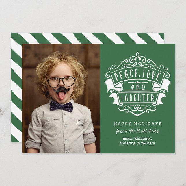 Modern Peace, Love, and Laughter Photo | Green Holiday Card (Front/Back)