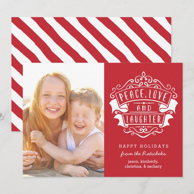Modern Peace, Love, and Laughter Photo | Red Holiday Card (Front/Back)