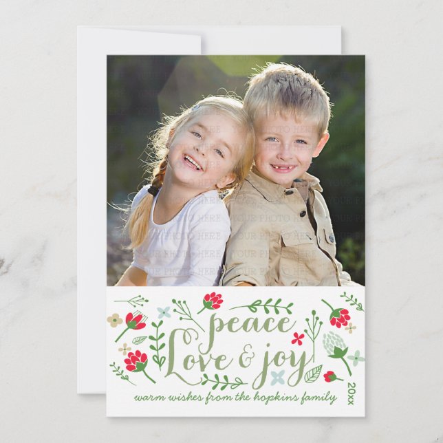 Modern Peace Love & Joy Chic Holidays Custom Photo Holiday Card (Front)