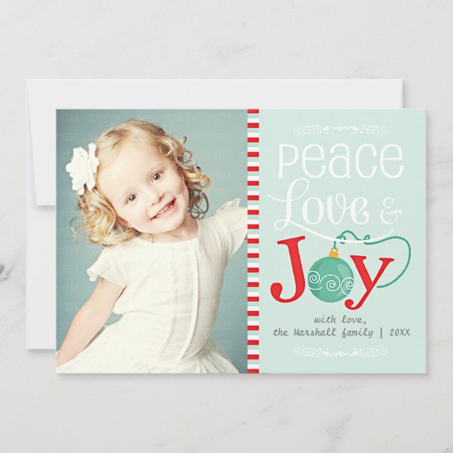 Modern Peace Love & Joy Christmas Photo Holiday Card (Front)