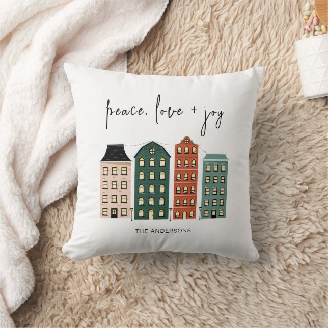 Modern Peace Love & Joy Christmas Town Holiday Cushion (Blanket)