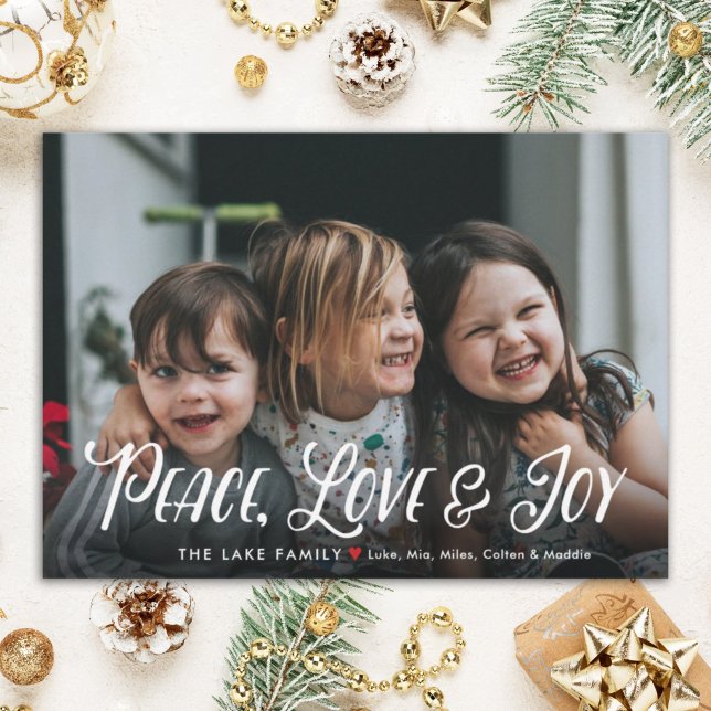 Modern Peace, Love & Joy Editable Christmas Photo  Holiday Card (Creator Uploaded)